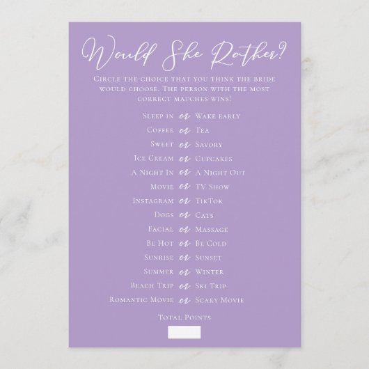 Lilac Purple Downloadable Bridal Shower Guess Game Karte (Vorderseite)