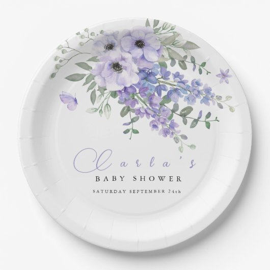 Lilac purple floral baby shower pappteller (Vorderseite)