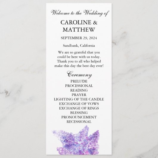 Lilac Purple Floral Elegant Modern Wedding  Programm (Vorderseite)