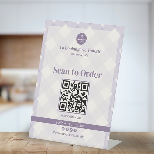 Lilac Purple Gingham Bakery QR Scan to Order  Sockelschild