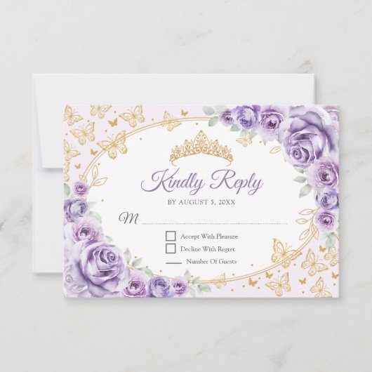 Lilac Purple Gold Quinceanera Reply RSVP Karte (Vorderseite)