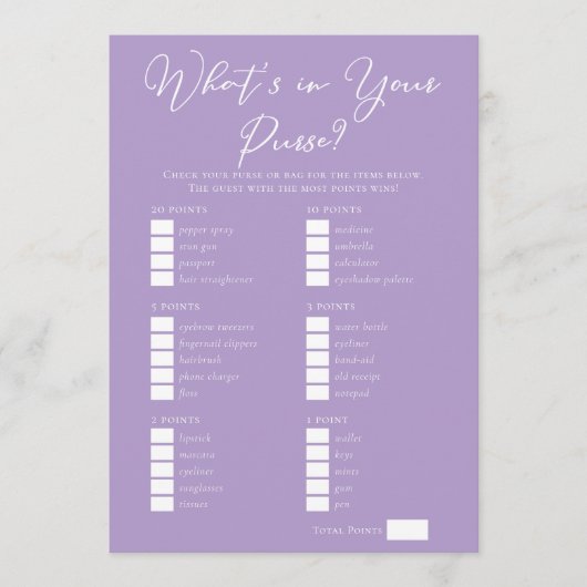 Lilac Purple Purse Items Bridal Shower Game Karte (Vorderseite)