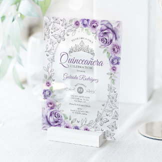 Lilac Purple Silver Floral Quinceanera Acryleinladungen
