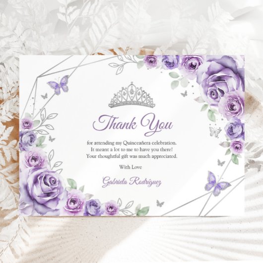 Lilac Purple Silver Floral Quinceanera Dankeskarte
