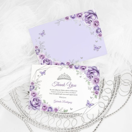 Lilac Purple Silver Floral Quinceanera Dankeskarte