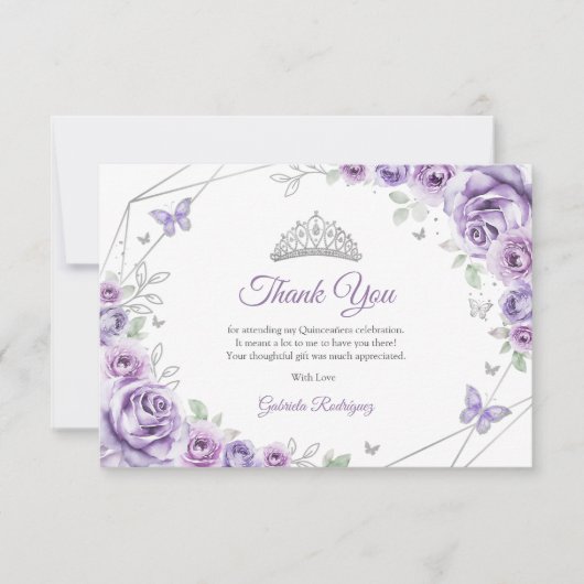 Lilac Purple Silver Floral Quinceanera Dankeskarte (Vorderseite)
