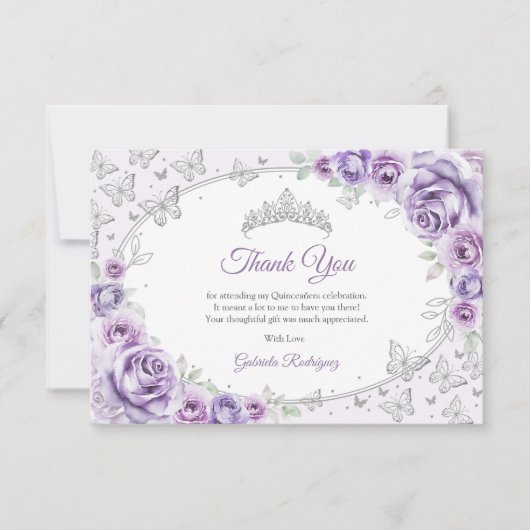 Lilac Purple Silver Floral Quinceanera Dankeskarte (Vorderseite)
