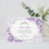 Lilac Purple Silver Floral Quinceanera Dankeskarte (Stehend Vorderseite)