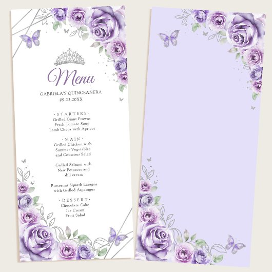 Lilac Purple Silver Floral Quinceanera Menükarte