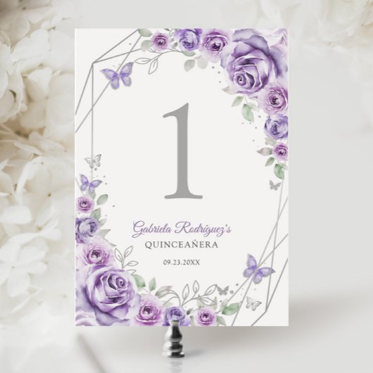 Lilac Purple Silver Floral Quinceanera Tischnummer