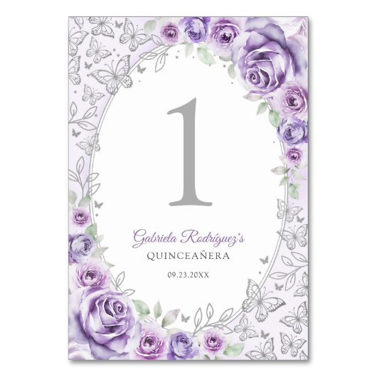 Lilac Purple Silver Floral Quinceanera Tischnummer (Vorderseite)