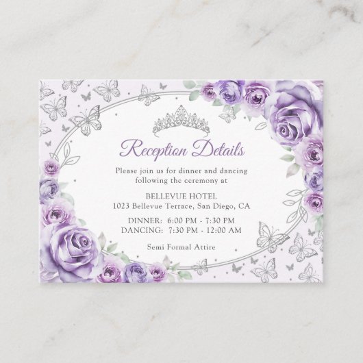 Lilac Purple Silver Quinceanera Reception Details Begleitkarte (Vorderseite)