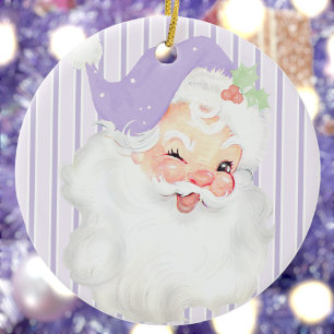 Lilac Purple Vintage Winking Santa Christmas Keramik Ornament
