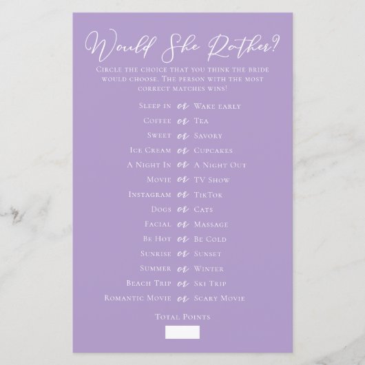 Lilac Purple Would She Rather Bridal Shower Game (Vorderseite)