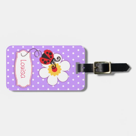 Lilac Red Ladybug & Polka Punkte mit Namen Gepäckm Gepäckanhänger (Vorderseite horizontal)