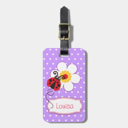 Lilac Red Ladybug & Polka Punkte mit Namen Gepäckm Gepäckanhänger (Vorderseite vertikal)