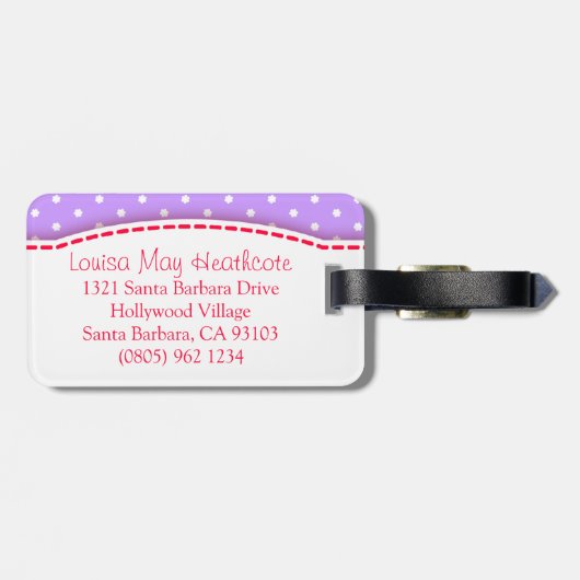 Lilac Red Ladybug & Polka Punkte mit Namen Gepäckm Gepäckanhänger (Rückseite horizontal)
