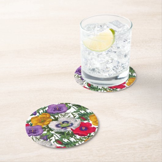 Lilac Red White Yellow Poppies & Green Blätter Runder Pappuntersetzer (Vor Ort)