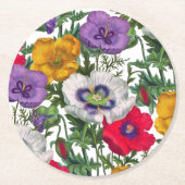 Lilac Red White Yellow Poppies & Green Blätter Runder Pappuntersetzer (Vorderseite)
