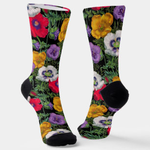 Lilac Red White Yellow Poppies & Green Blätter Socken