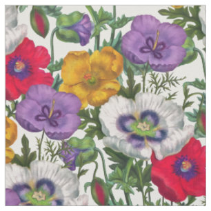 Lilac Red White Yellow Poppies & Green Blätter Stoff