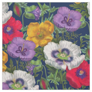 Lilac Red White Yellow Poppies & Green Blätter Stoff