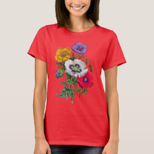 Lilac Red White Yellow Poppies & Green Blätter T-Shirt