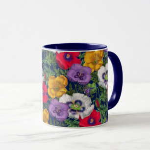 Lilac Red White Yellow Poppies & Green Blätter Tasse