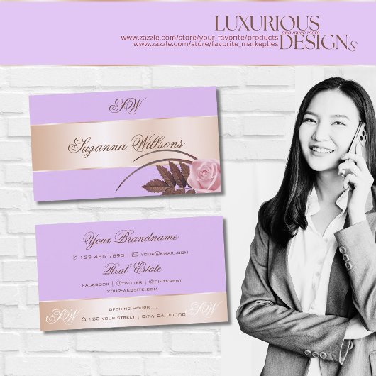 Lilac Rose Gold Decoder Niedliche Blume mit Initia Visitenkarte