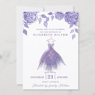 Lilac Rose Modernes Glitzer Kleid 16 . Geburtstag Einladung