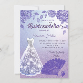Lilac Rose Romantik Glitzer Fan Quinceañera Einladung