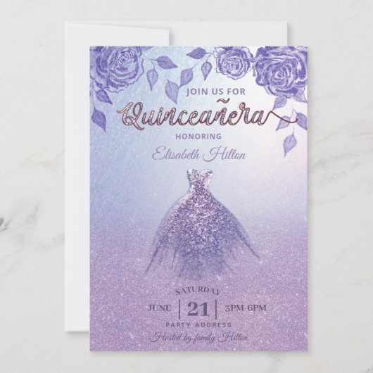 Lilac Rose romantisches Glitzer Kleid Quinceañera Einladung (Vorderseite)