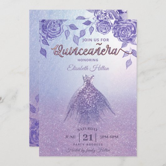 Lilac Rose romantisches Glitzer Kleid Quinceañera Einladung (Vorne/Hinten)