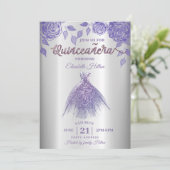 Lilac Rose romantisches Glitzer Kleid Quinceañera Einladung (Stehend Vorderseite)
