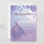 Lilac Rose romantisches Glitzer Kleid Quinceañera Einladung (Vorderseite)