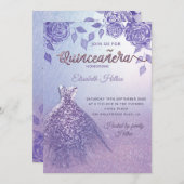 Lilac Rose romantisches Glitzer Kleid Quinceañera Einladung (Vorne/Hinten)
