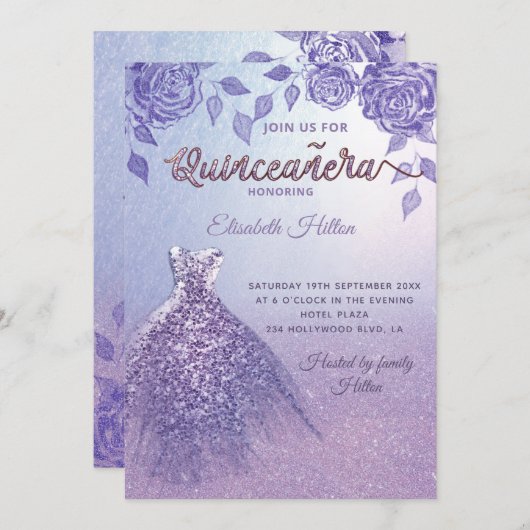Lilac Rose romantisches Glitzer Kleid Quinceañera Einladung (Vorne/Hinten)