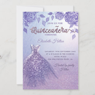 Lilac Rose romantisches Glitzer Kleid Quinceañera Einladung