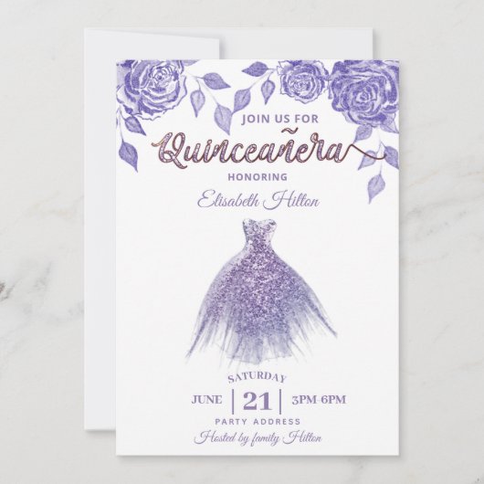 Lilac Rose romantisches Glitzer Kleid Quinceañera Einladung (Vorderseite)