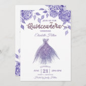 Lilac Rose romantisches Glitzer Kleid Quinceañera Einladung (Vorne/Hinten)