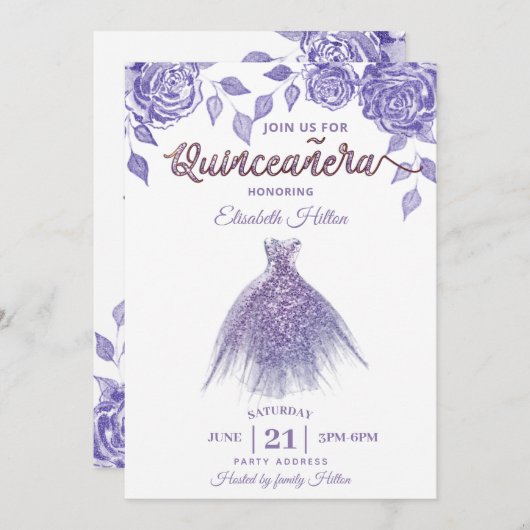 Lilac Rose romantisches Glitzer Kleid Quinceañera Einladung (Vorne/Hinten)