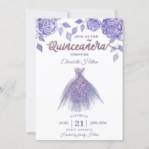 Lilac Rose romantisches Glitzer Kleid Quinceañera Einladung