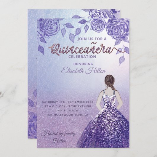 Lilac Rose romantisches Glitzer Kleid Quinceañera Einladung (Vorne/Hinten)