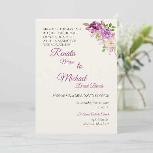 Lilac Rose Wedding Einladung (Stehend Vorderseite)