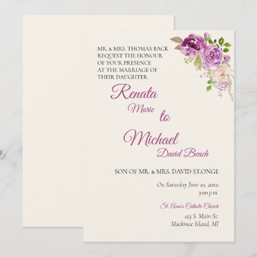 Lilac Rose Wedding Einladung (Vorne/Hinten)