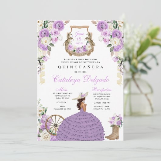 Lilac Rose Western Mariachi Charro Quinceañera Einladung (Stehend Vorderseite)