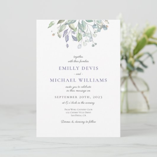 Lilac Rustic Eucalyptus Wedding Einladung (Stehend Vorderseite)
