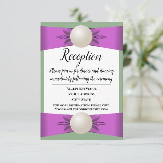 Lilac & Sage Green Pearl Ribbon Hochzeitsempfang Einladung (Stehend Vorderseite)