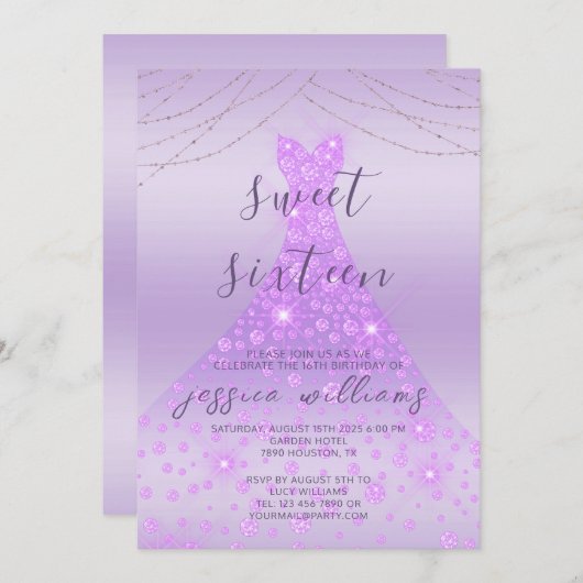 Lilac Sequin Ball Gown & Lights Sweet 16 Geburtsta Einladung (Vorne/Hinten)