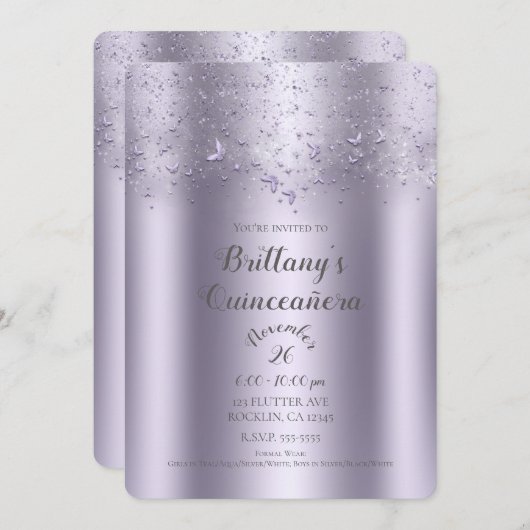 Lilac Shimmer Flutter Butterfly Quinceañera Einladung (Vorne/Hinten)